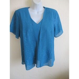 Vintage 90s Another Thyme Layered Look Dressy Sparkly Top Size 12 Turquoise Blue